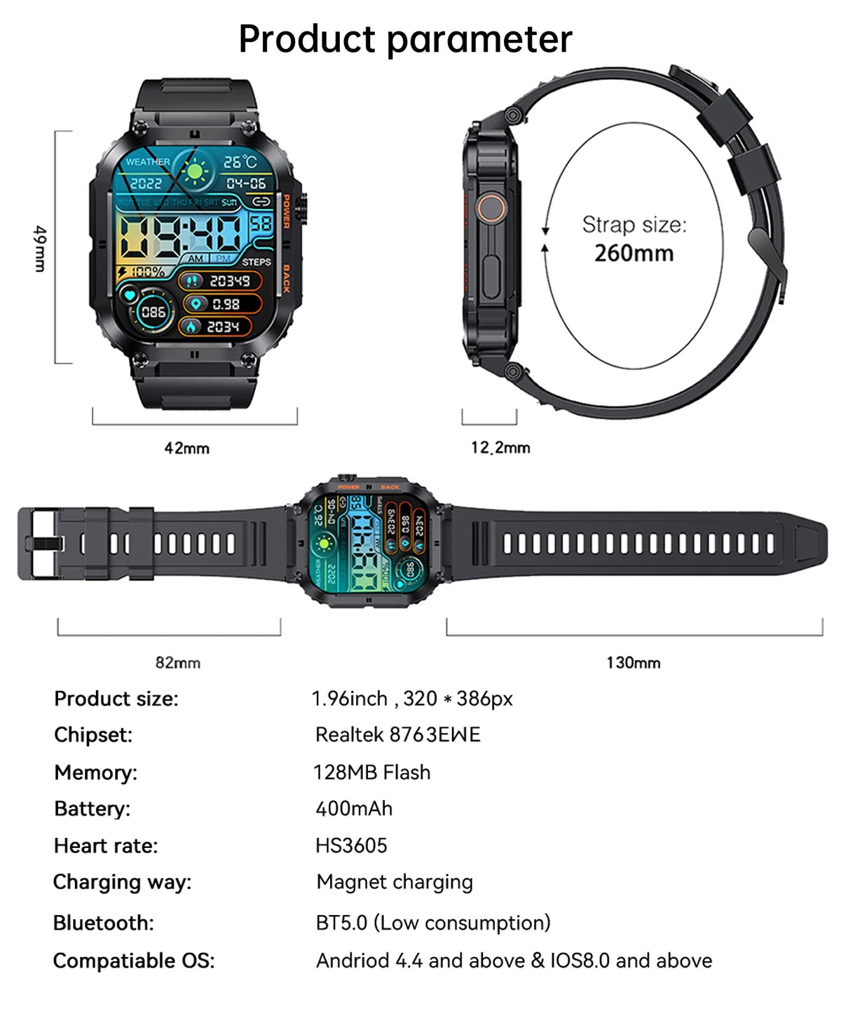 LIGE 1.96” Smart Watch – Bluetooth Call, 400mAh Battery, Waterproof
