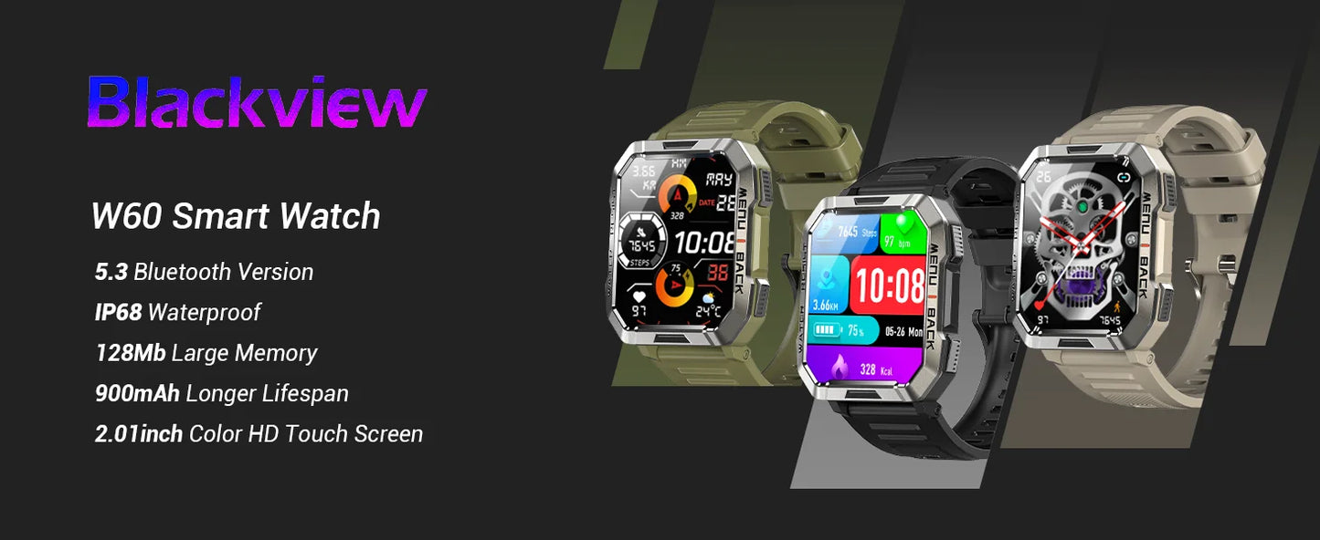 Blackview W60 Outdoor Smartwatch – 2.01" HD, Bluetooth Call, IP68, LED Flashlight