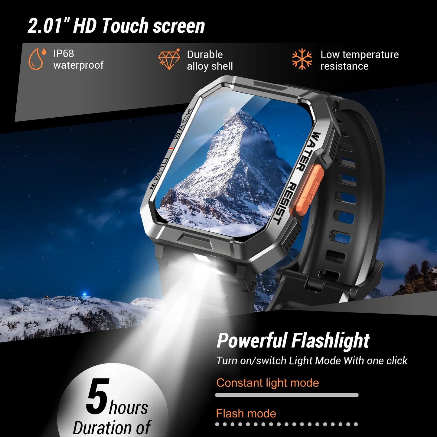 Blackview W60 Outdoor Smartwatch – 2.01" HD, Bluetooth Call, IP68, LED Flashlight